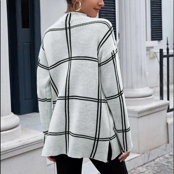 Plaid Sweater Top Slit Mock Cowl Neck - Picture 2 of 5